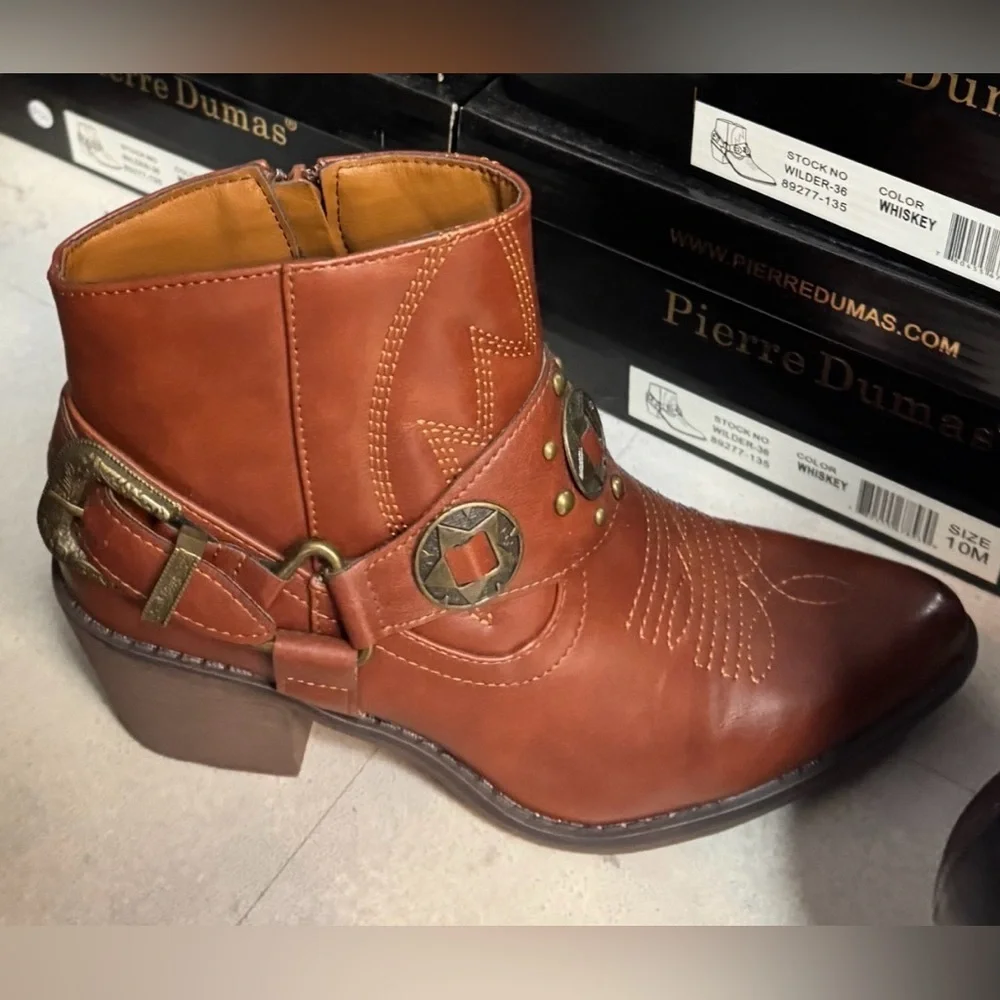 NIB Pierre Dumas Whiskey Western Boho Vegan Leather Concho Cowgirl Booties
